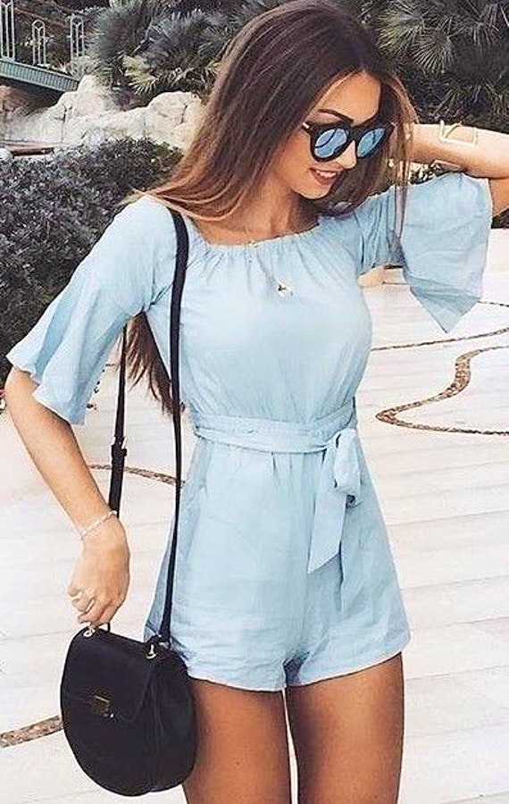 stylish look | blue jumpsuit + bag + sunglasses