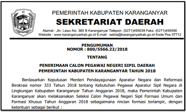 Formasi CPNS Kabupaten Karanganyar Tahun 2018