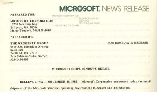 Windows 1.0 press release of the launch