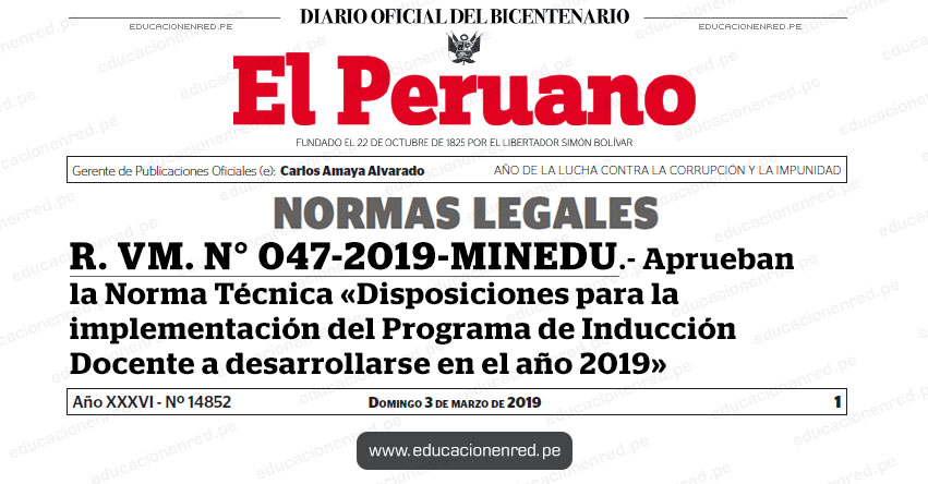 R. VM. N° 047-2019-MINEDU - Aprueban la Norma Técnica «Disposiciones para la implementación del Programa de Inducción Docente a desarrollarse en el año 2019» www.minedu.gob.pe