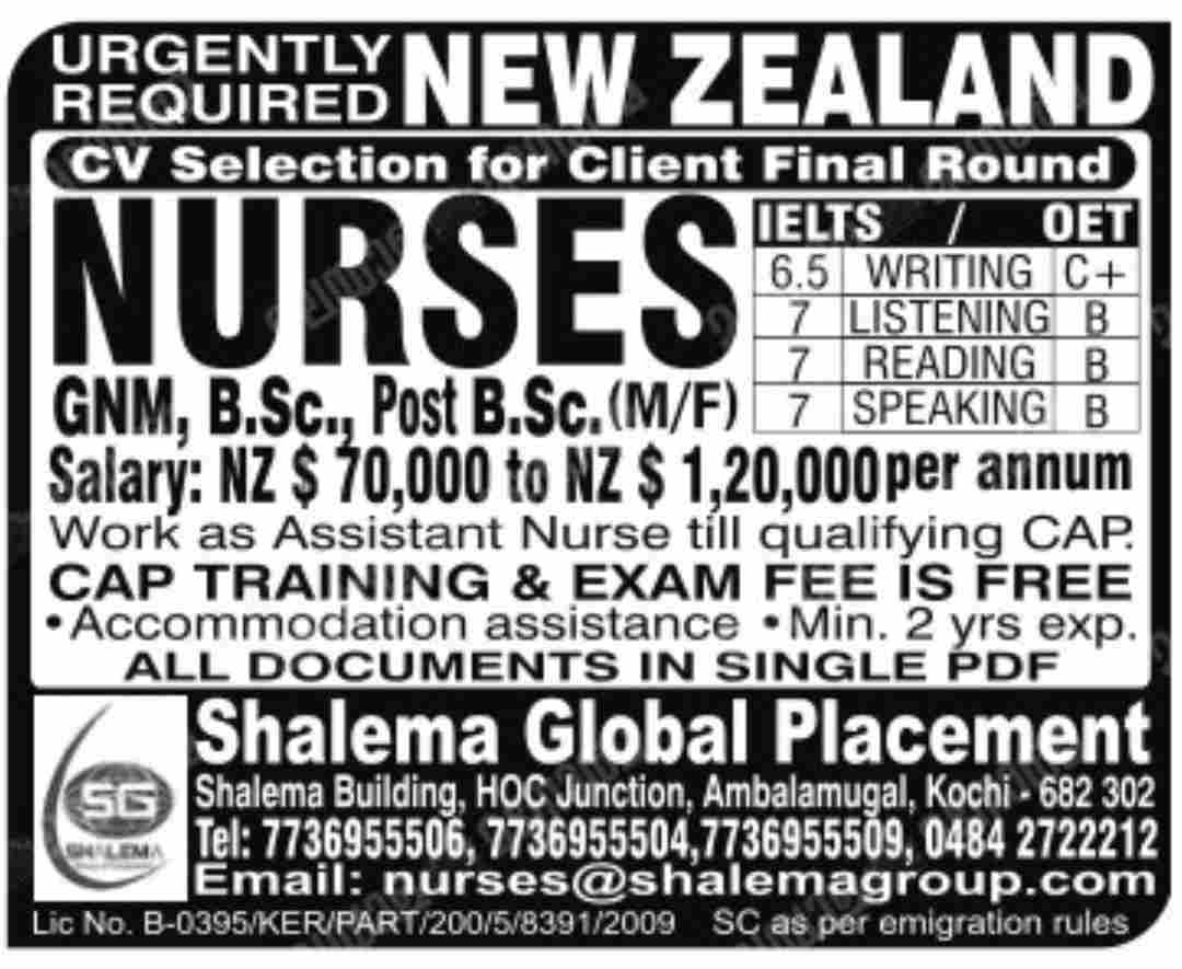 Urgently required for New Zealand nurses jobs.