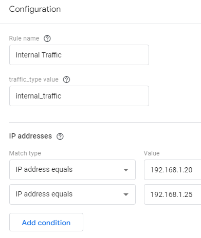 Screenshot of internal traffic configuration in Google Analytics 4