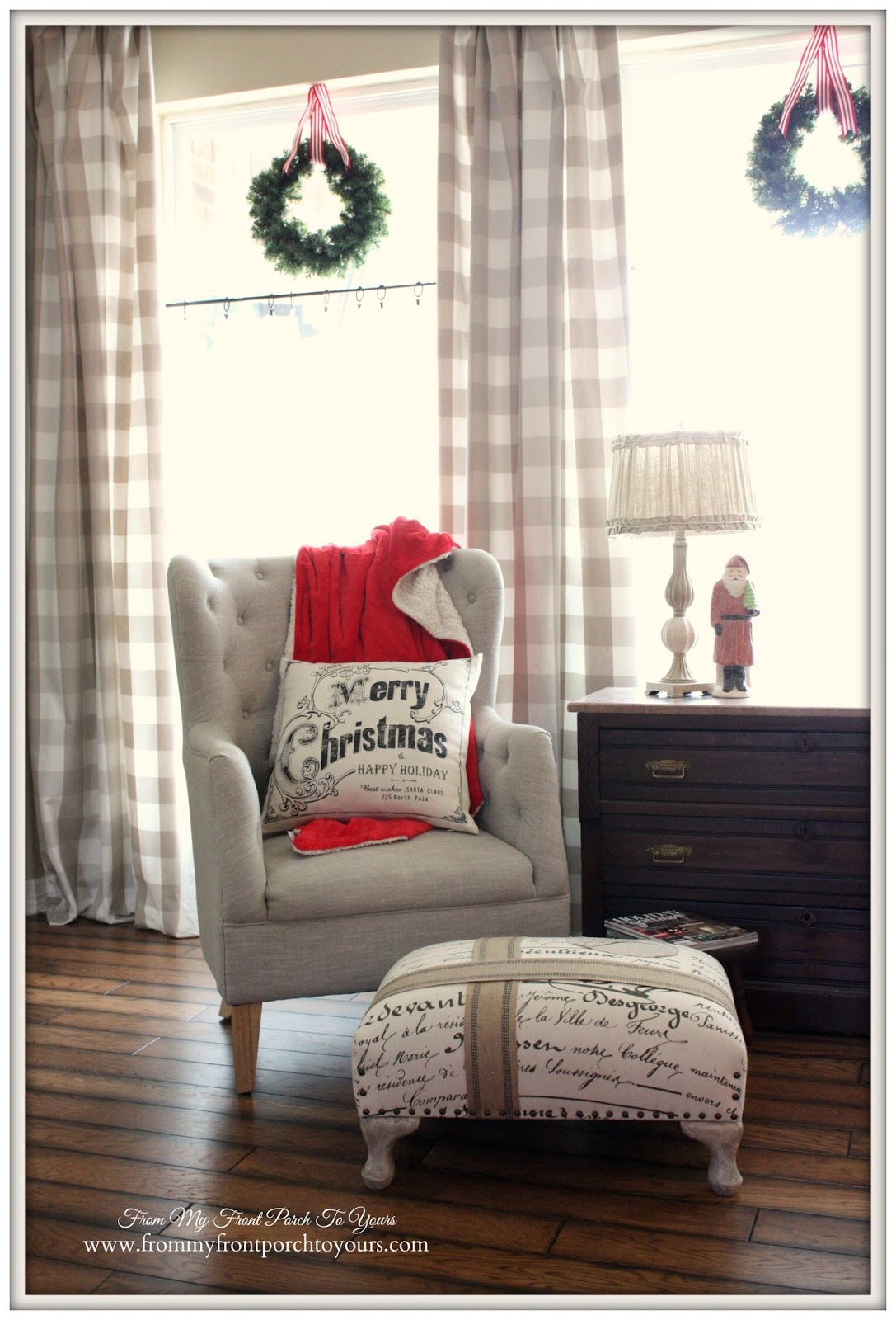 Buffalo- Check -Curtains-Farmhouse- Vintage- Christmas- DIY Stool-From My Front Porch To Yours