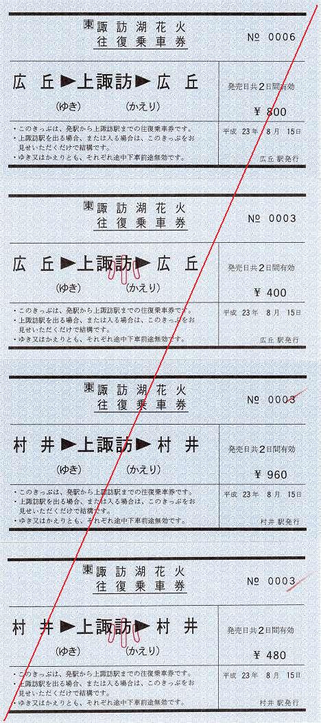 JR東日本　第63回諏訪湖花火往復乗車券1　常備券　軟券　広丘・村井駅