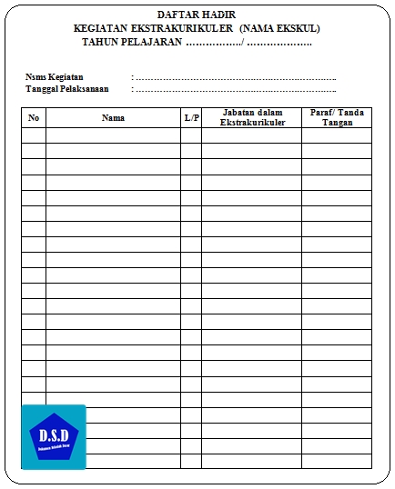 format daftar hadir kegiatan ekskul terbaru