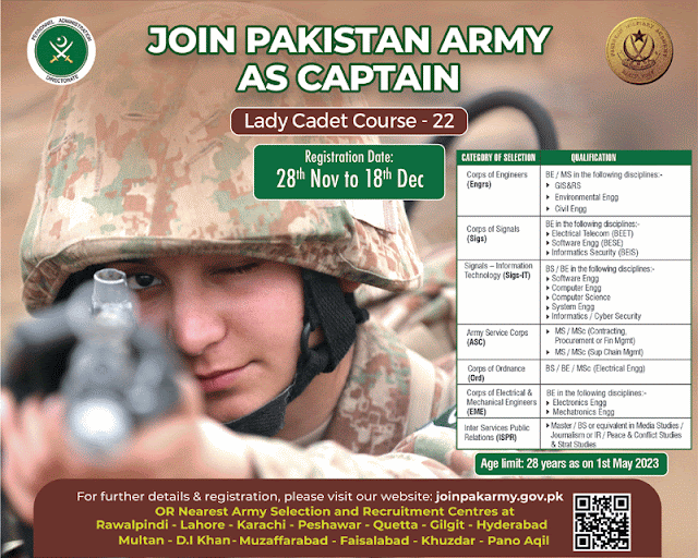 Join Pak Army as captain Through Lady Cadet Course 22