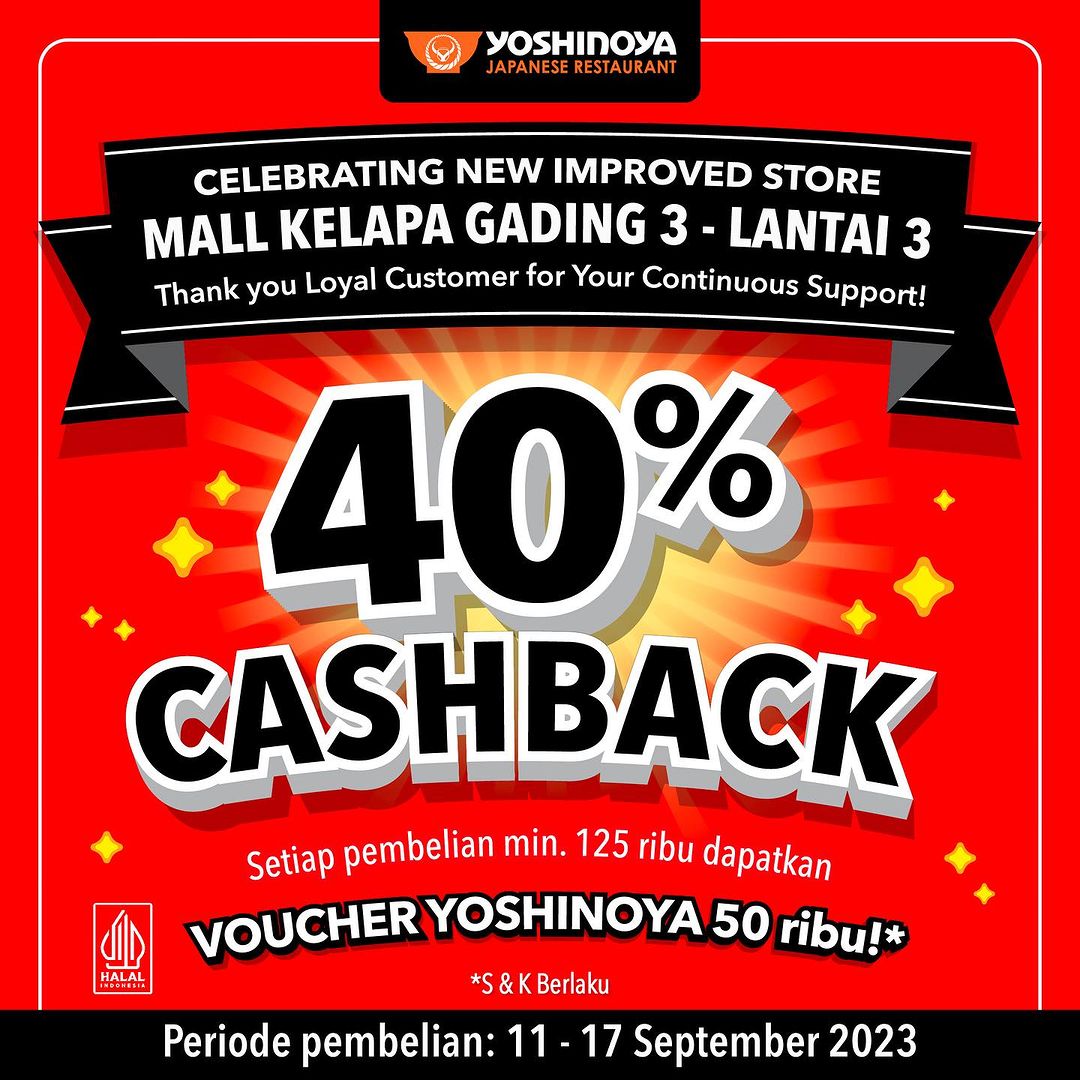 Yoshinoya Mall Kelapa Gading 3 Re-Opening Promo – Voucher Cashback 40%