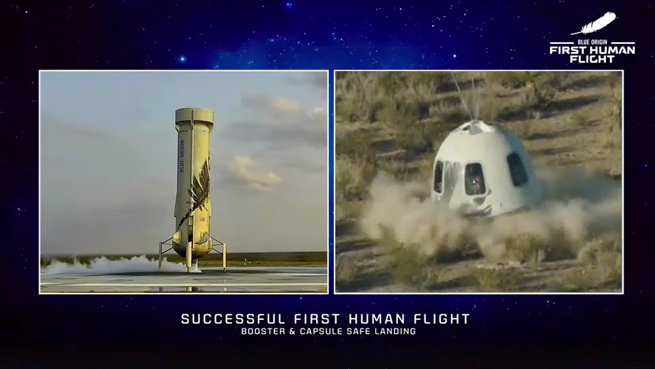 New Shepard’s booster and capsule landed safely after a successful first commercial flight to space. Blue Origin, 20 July 2021.