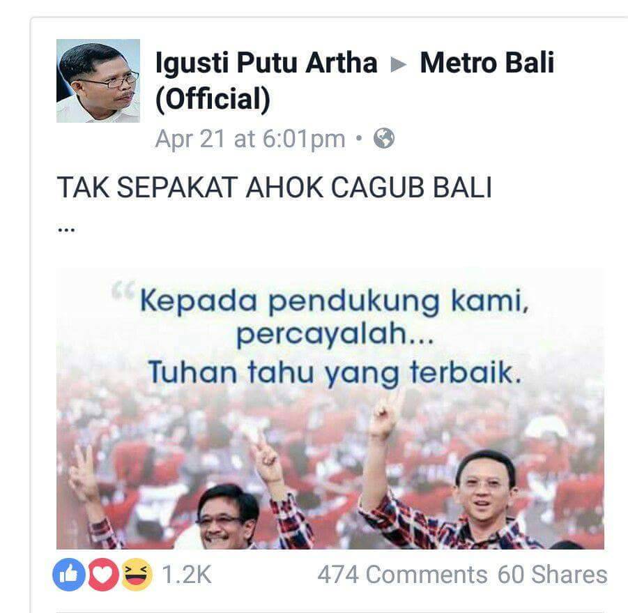 Lucunya Orang Bali, Bangga-Banggain Ahok Tapi Menolak Jadi 