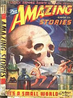 Front cover image of Amazing Stories, March 1944 issue. A painting by J Allen St John, illustrating a scene from short story It's a Small World by Robert Bloch.