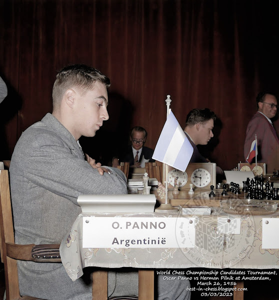 First Round World Chess Championship Candidates Tournament. Oscar Panno (Argentina) vs. Herman Pilnik, March 26, 1956 in the Aula Vossiusgymnasium in Amsterdam.