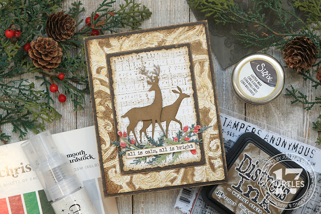 All Is Calm Christmas Card by Juliana Michaels featuring Tim Holtz Embossing Folder, Distress Ink, Sizzix Luster Wax, and Rocky Candy Glitter.