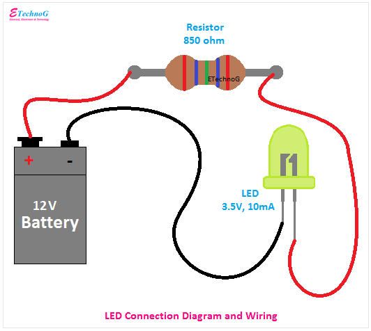 LED Connection Diagram and Wiring, Connection of LED with Battery and Resistor, LED Wiring Diagram