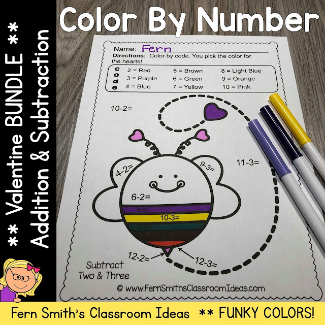 St. Valentine's Day Color By Number Addition and Subtraction Bundle