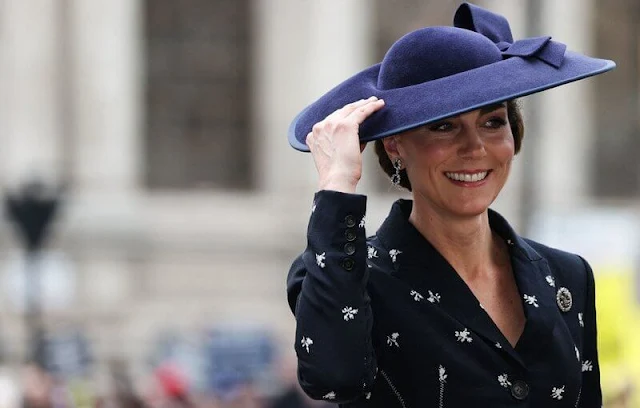 Princess of Wales wore a jacquard peplum jacket and jacquard midi skirt by Erdem. The Duke and Duchess of Edinburgh