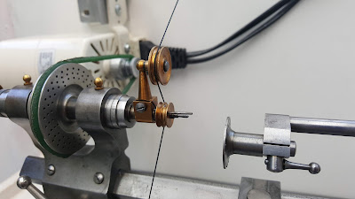 Jacot Pivot Polishing Tool attachment fitted to the lathe.