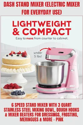 Dash Stand Mixer Electric Mixer for Everyday Use. It has 6 Speeds, a 3 Quart Stainless Steel Mixing Bowl, Dough Hooks, and Mixer Beaters. Great for making dressings, frosting, meringues, and more. Color Pink.