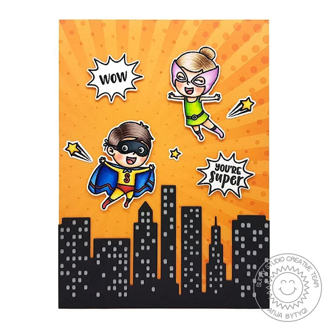 Sunny Studio Stamps: Super Duper Cityscape Border Dies Super Hero Themed Card by Anja Bytyqi