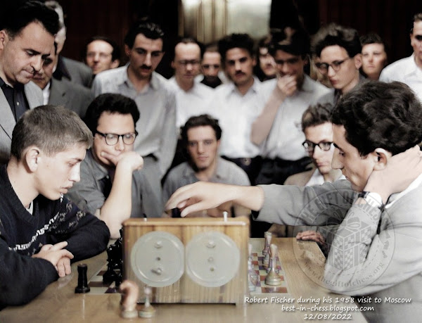 Then fifteen-year-old chess star Bobby Fischer, left, and Russian grand master Tigran Petrosian play a practice game at Moscow's Central Chess Club, June 30, 1958.