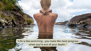 a young white blonde lady is underwater turning her back, and a one-liner about swimming