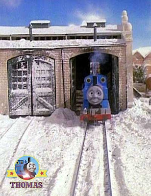 Thomas Terence and the Snow frosted railway shed doors with rails two ...