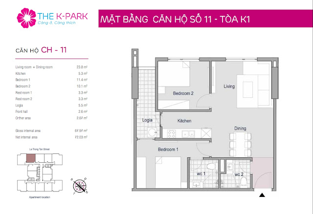 Thiết kế căn hộ 11 - Dt 67m2 - 02 phòng ngủ