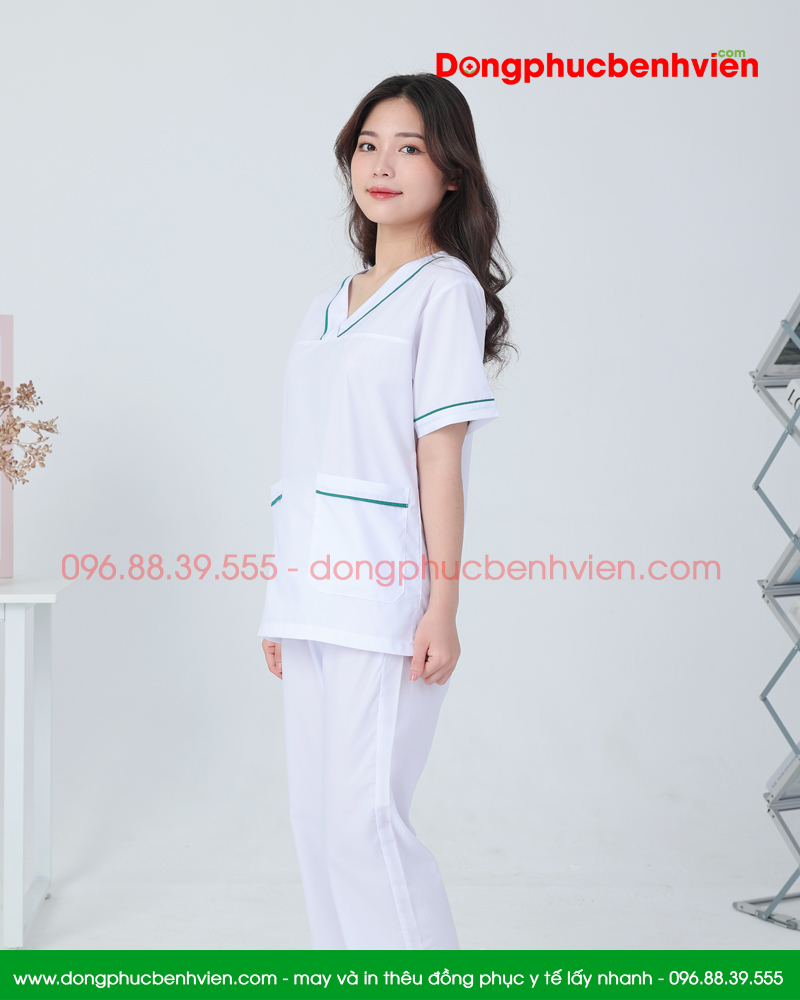 Bộ blouse cổ tim nữ - bộ scrubs kỹ thuật viên màu trắng có viền xanh cộc tay cho bác sỹ, điều dưỡng, dược sỹ