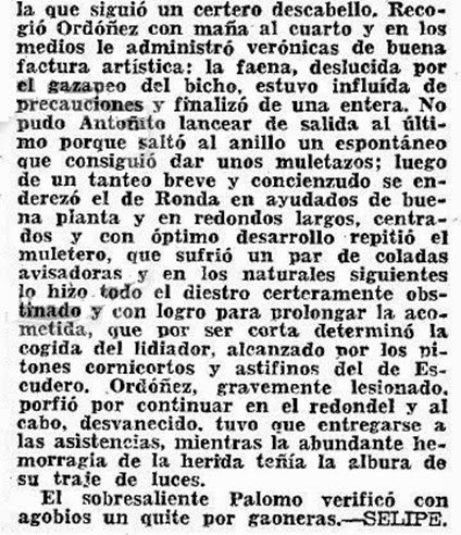1956-06-21 (p. 22 ABC) Detalle cronica Selipe Cuarto toro cogida