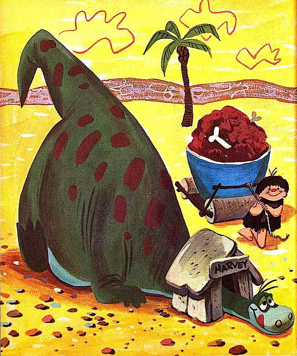 a Mel Crawford children's book illustration of a dinosaur pet Harvey and a boy