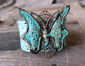 Turquoise Butterfly Leather Cuff by Ever Designs Jewelry Upcycled Bracelet Blue Aqua Verdigris