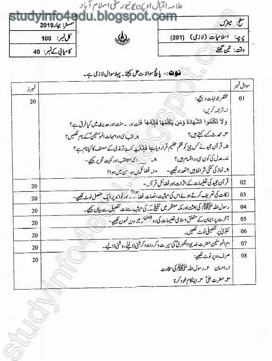 Code 201 aiou Past paper/old papers Islamiat compulsory,Spring 2019