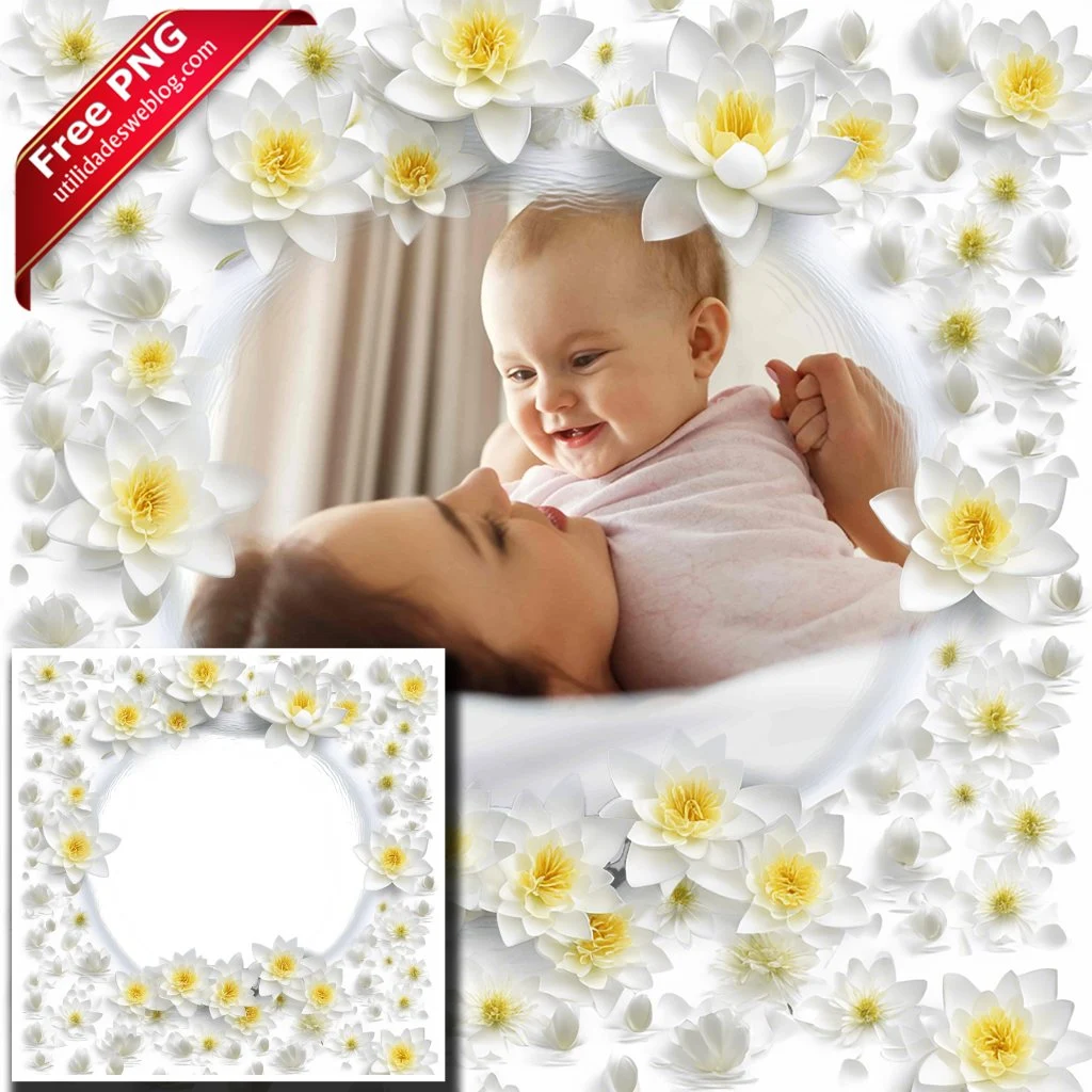 marco para fotos con flores acuaticas de color blanco en png con fondo transparente para descargar gratis