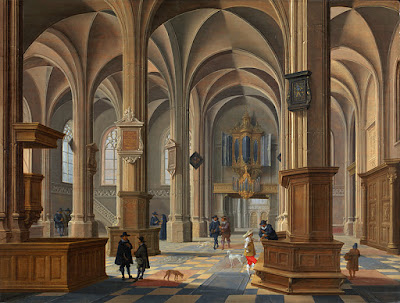 Church interior painting - vaulted ceilings and 17th century figures