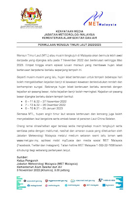 Tarikh Monsun Timur Laut Malaysia 2022 (Musim Tengkujuh)