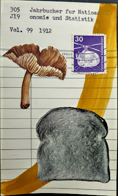 library card mail art Fluxus helicopter german postage stamp toast mushroom collage