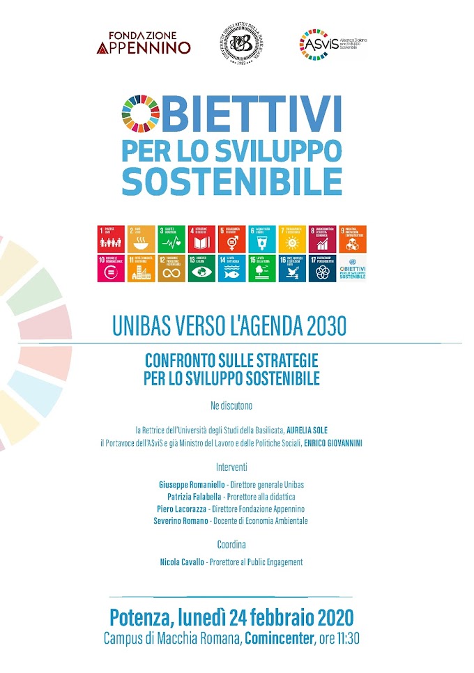 Unibas: l'Ateneo verso l'Agenda 2030, il 24 febbraio a Potenza confronto sulle strategie per lo sviluppo sostenibile