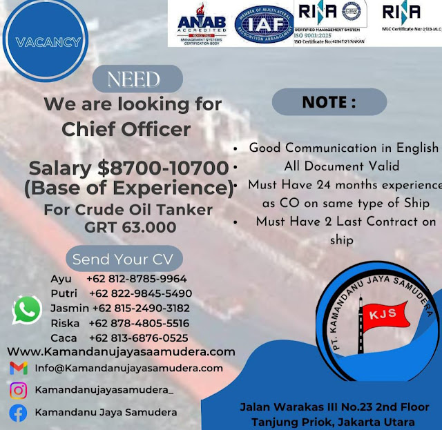 Lowongan Chief Officer Crude Oil Tanker Agustus 2023