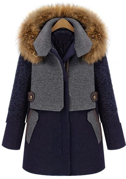 Contrast Grey Panel Fur Hood Wool Blend Coat