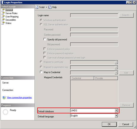 Screenshot of Login Properties in Microsoft SQL Server 2008 Management Studio