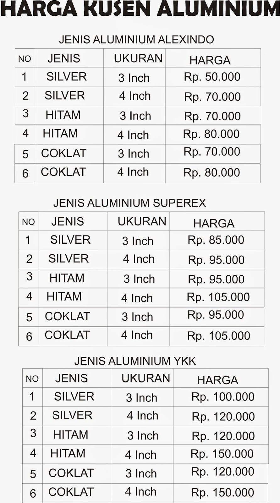 Daftar Harga  Kusen  Aluminium di Bogor Daftar Harga 