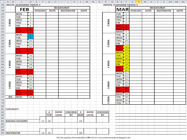 Tahun 3: Jadual Belajar Matematik & Bahasa Inggeris