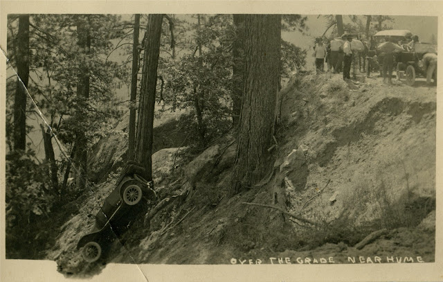 Hume CA.  Henry E. Roberts.  Car over the cliff.  Circa 1917