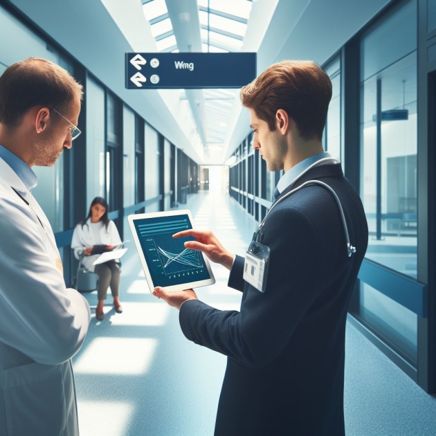 A doctor is engaged in a deep conversation with a medical sales representative, who is showing a tablet displaying graphs and product information. A few steps away, a patient, holding a brochure, looks on with interest.