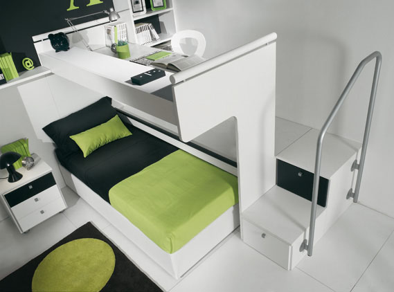 DORMITORIO JUVENIL TIPO LOFT EN VERDE PISTACHO MANZANA BLANCO Y NEGRO via www.dormitorios.blogspot.com