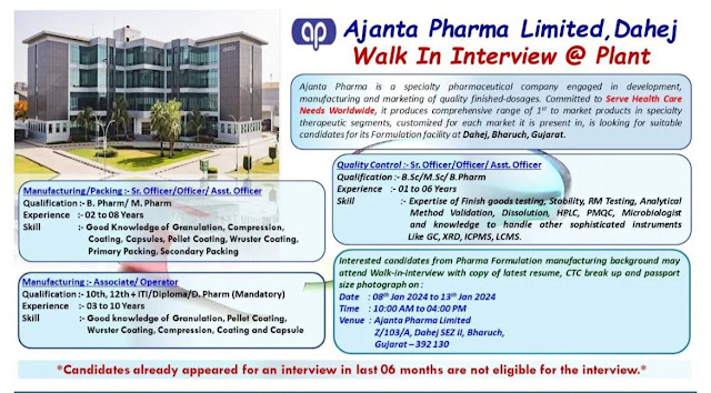 Ajanta Pharma Walk In Interview For Manufacturing/ Packing/ Quality Control
