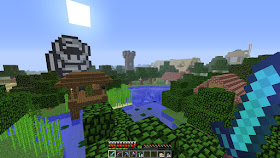 screenshot of Minecraft showing my village with a pixel art of Link in the background
