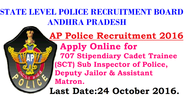 STATE LEVEL POLICE RECRUITMENT BOARD ANDHRA PRADESH.|AP Police Recruitment 2016| State Level Police Recruitment Board, Andhra Pradesh invites Application for the post of 707 Stipendiary Cadet Trainee (SCT) Sub Inspector of Police, Deputy Jailor & Assistant Matron. Apply Online before 24 October 2016./2016/10/STATE-LEVEL-POLICE-RECRUITMENT-BOARD-ANDHRA-PRADESH-ap-police-recruitment-2016-apply-online-stipendari-cadet-trainee-sub-inspector-of-police-deputy-jailor-assistant-matron.html