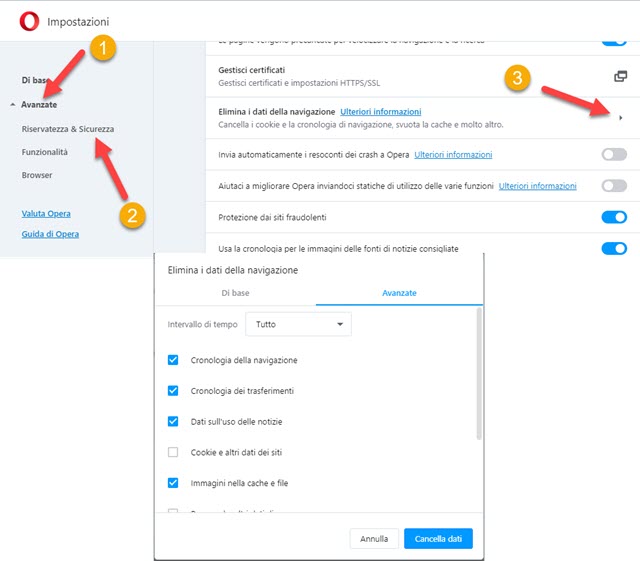 eliminare i dati di navigazione da opera browser