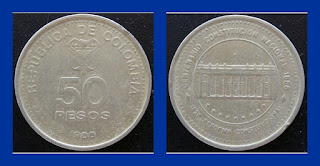 C18 COLOMBIA 50 PESOS COMMEMORATIVE USED COIN (1980-1988)