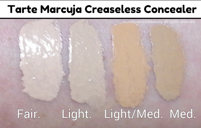 Tarte Marcuja Creaseless Concealer; Review & Swatches of Shades  Fair, Light, Light/Medium, Medium,